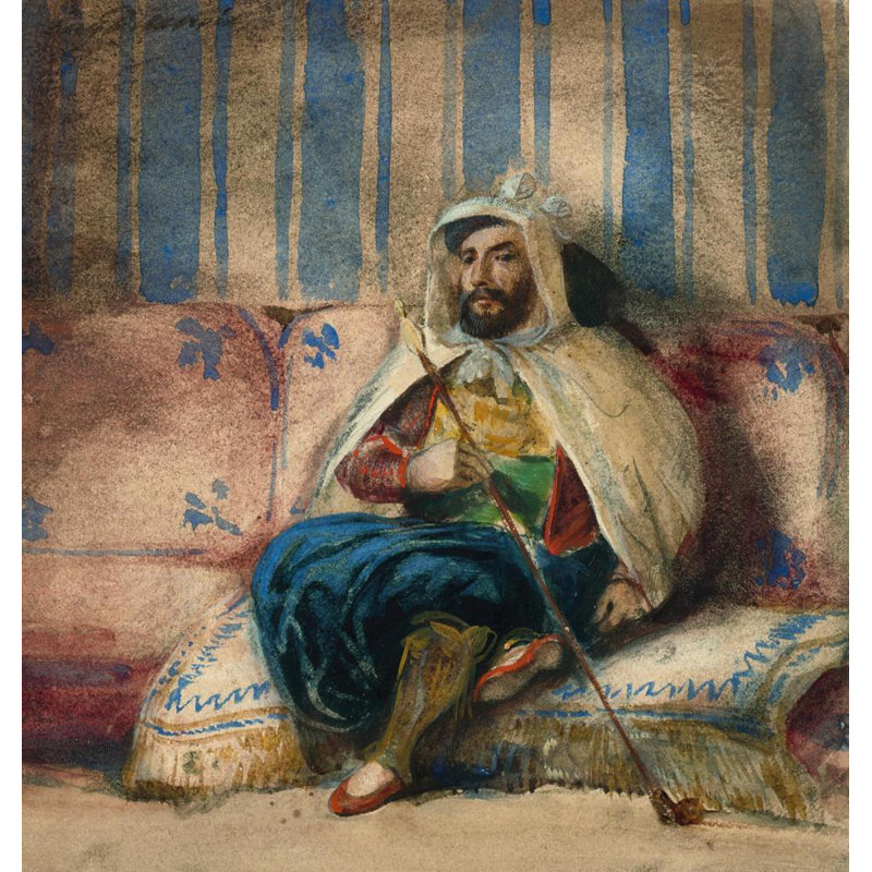 "Un homme en costume oriental fumant sur un canapé" par Eugène Delacroix - Art mural sur toile tendue avec châssis