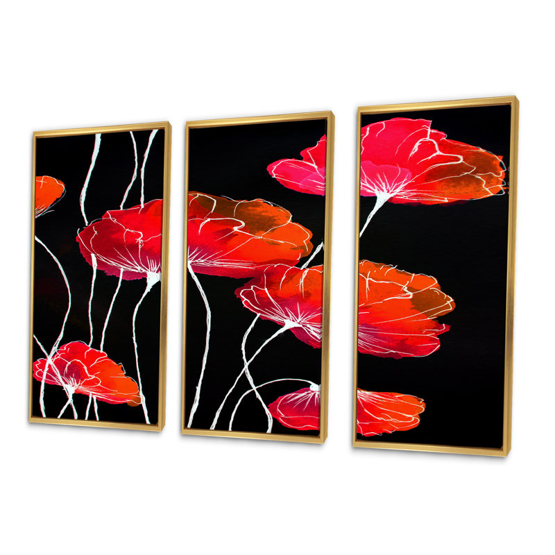 «Abstract Red Flower Détail On Black II», 3 pièces sur toile, Or, H 32 po x l 48 po