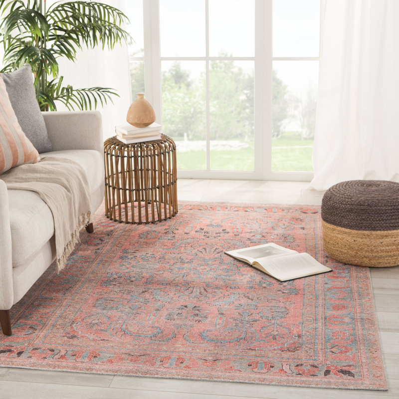 Machine Washable  Oriental Pink/Light Blue Area Rug, Rectangle 3'9" x 6'