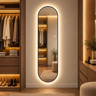 Miroir pleine grandeur 65 po x 18 po à DEL avec cadre noir, miroir mural à intensité variable avec 3 températures de couleur, commande tactile et fonction de mémoire, à brancher ou câblé