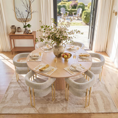 6 - Person Dining Table Sets With Solid Round Table & 6 Upholstered Chenille Armchairs