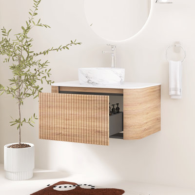 Meuble-lavabo mural cannelé de 30 po avec lavabo vasque en céramique, tiroir et porte-serviettes