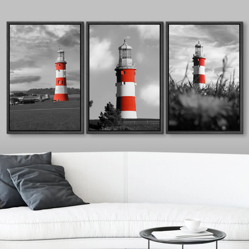 Décoration murale moderne phare de couleur vive avec paysage noir et blanc, H 24 po x l 48 po, Cadre flottant noir
