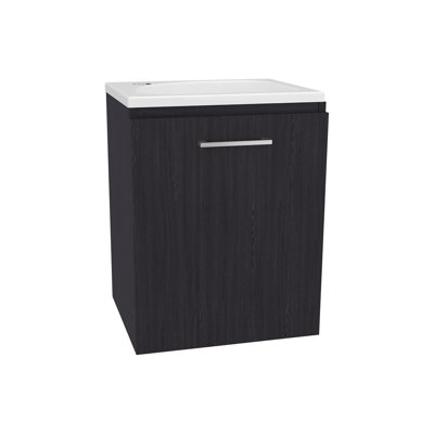 Meuble-lavabo large à une porte Saju, avec lavabo en résine et une tablette, rangement pour salle de bain, noir
