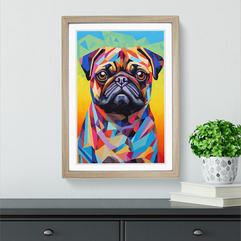 Pug Op No.2 - Single Picture Frame Print on Wood, 64cm H x 46cm W x 2cm D, Oak 