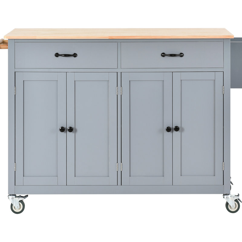 Grey Blue Kitchen Island Cart With Solid Wood Workbench Top, 4 Door Cabinet, 2 Drawers, Spice & Towel Rack, Locking Wheels In Blue, Rack Holder,