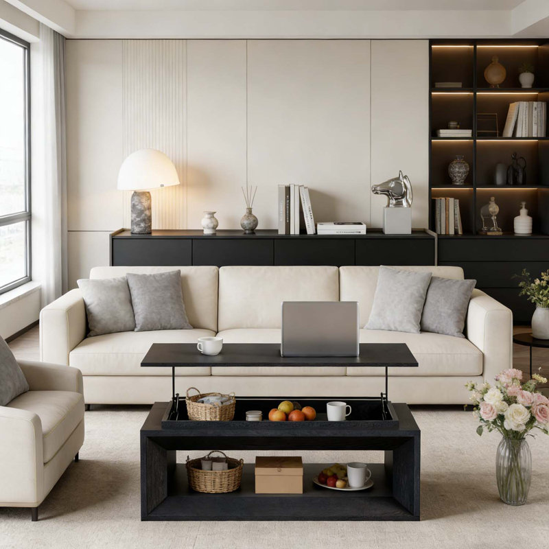 Table basse moderne avec plateau relevable pour salon et bureau, Noir