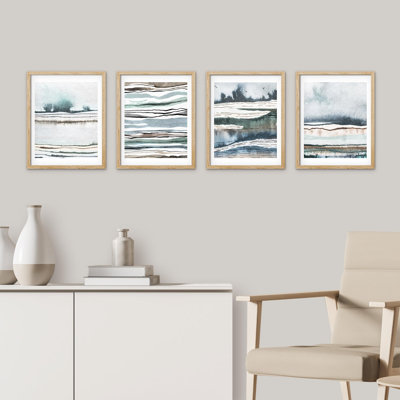 " Bathroom Decor Multicolor Blue Pastel Paint Stroke Landscapes Abstract Shapes Wall Art Relax " 4 - Pieces