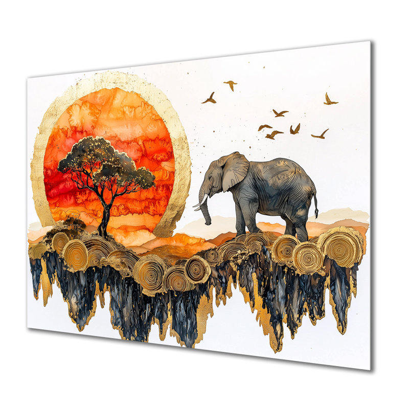 Éléphants au coucher du soleil «Whisper Of The Wild IV» - Impression d'éléphant sur métal, H 16 po x l 32 po