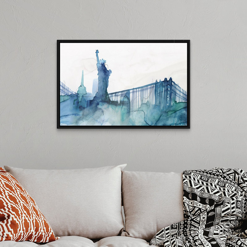 Reproduction d’art sur toile, "Ocean Blue New York" par Isabelle Z, H 26 po x l 38 po x P 1,75 po, Cadre flottant noir