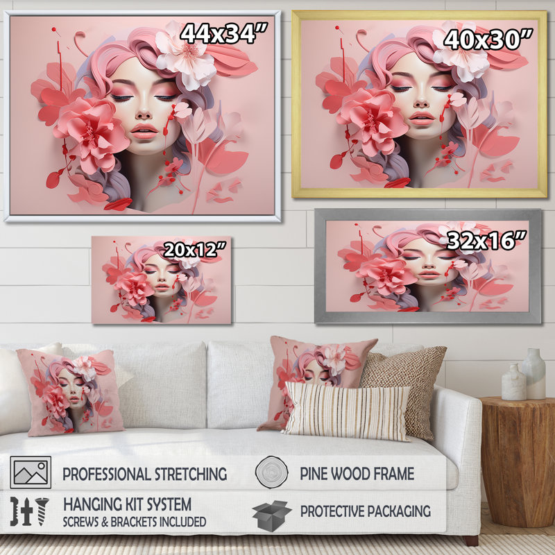 Cubisme, rose pastel, femme, portrait I - mode, art mural, Cadre d'angle fermé noir, H 30 po x l 40 po x P 1,5 po