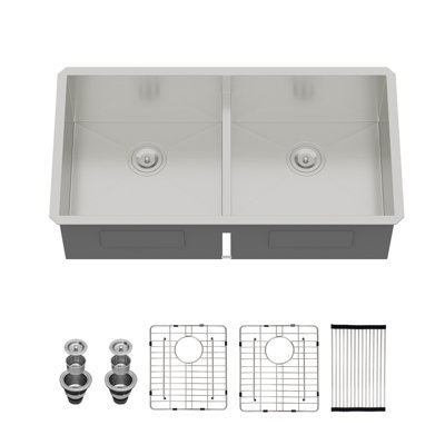 36-inch Low Divide Undermount 50/50 Large Double Bowl 16 Gauge Stainless Steel Kitchen Sink with Accessories
