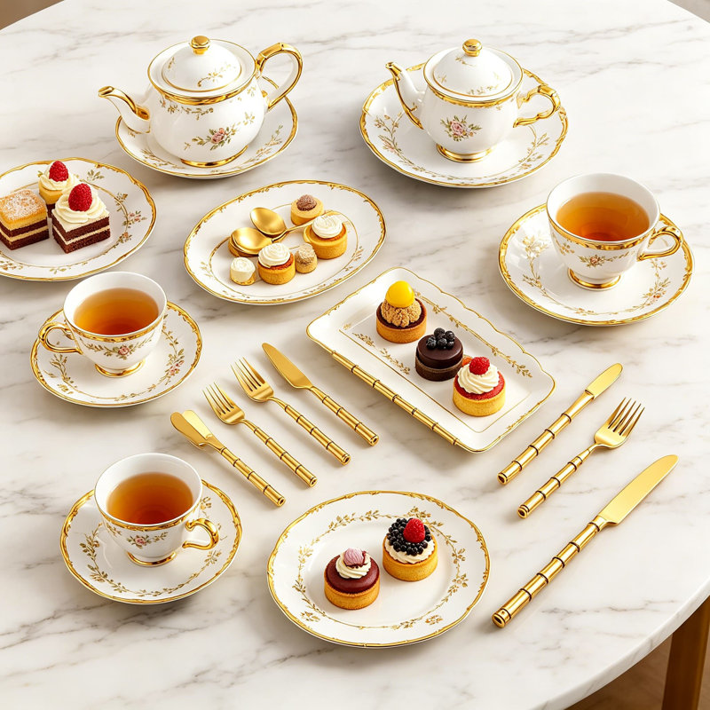 45-Piece Stainless Steel Flatware Set with Bamboo Pattern Handle, Mirror Polished Gold Finish, Complete Service for 8
