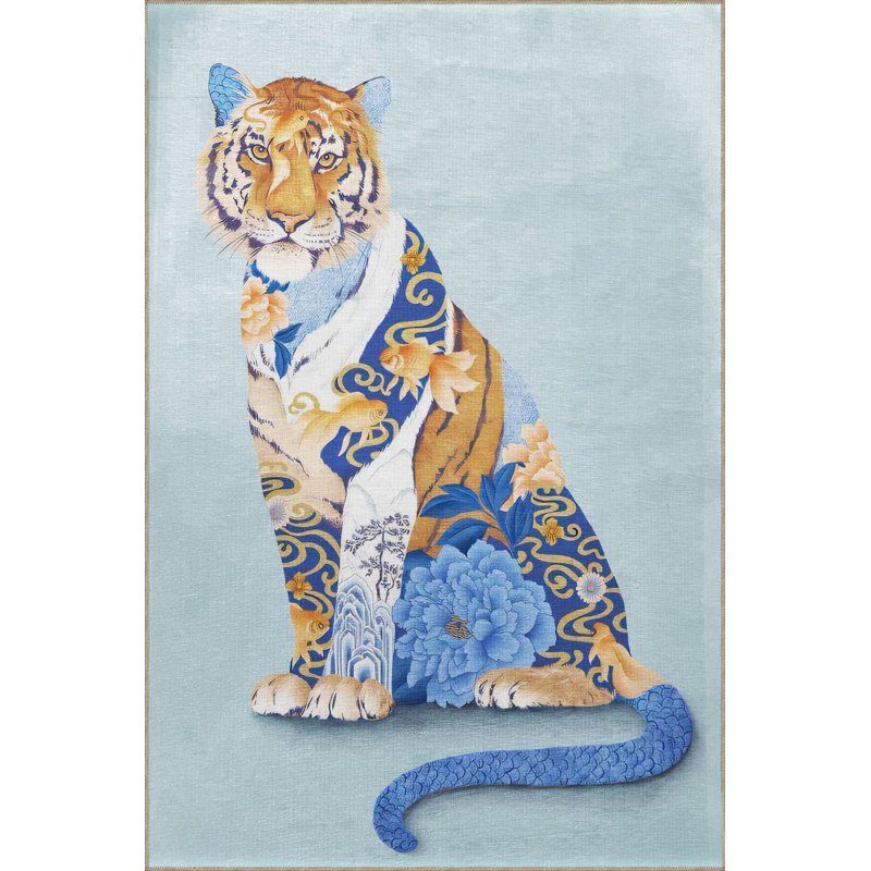 Tapis décoratif moderne à motif tigre lavable à la machine bleu et jaune, Tapis de couloir 4 pi 11 po x 9 pi 10 po inclus