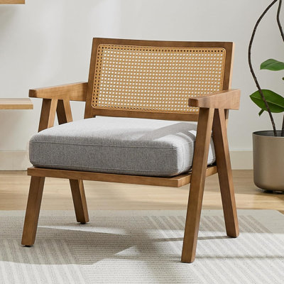 Mid-Century Modern Accent Chair, Rattan Backrest with Thick Linen Cushion, Wood Frame, Living Room and Bedroom Armchair, Sunroom Seating