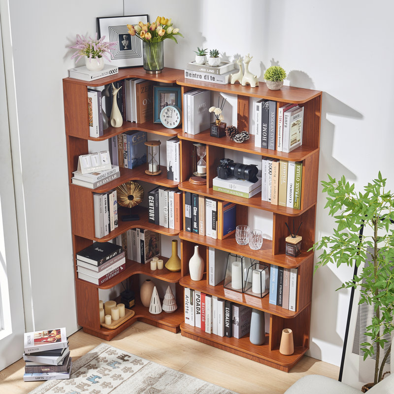 Ensemble de 2 bibliothèques à combinaison d'angle peu encombrantes 55 cm plus 80 cm de longueur couleur chêne foncé et 4 autres couleurs pour l'option