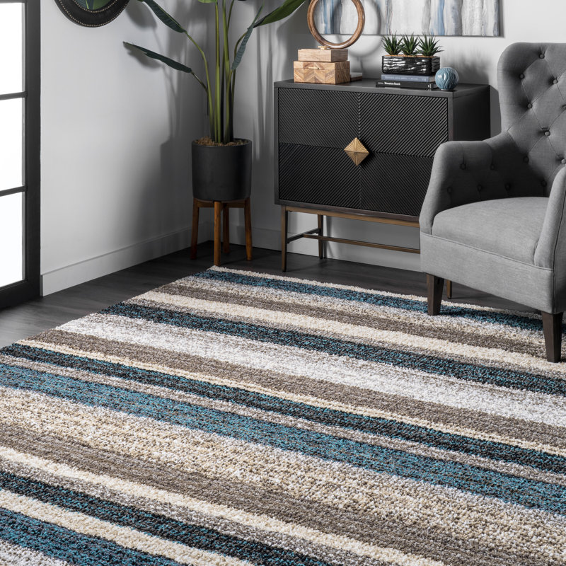City Striped Shag Tufted Performance Brown/Teal/Blue Rug, Runner 2'6" x 14'