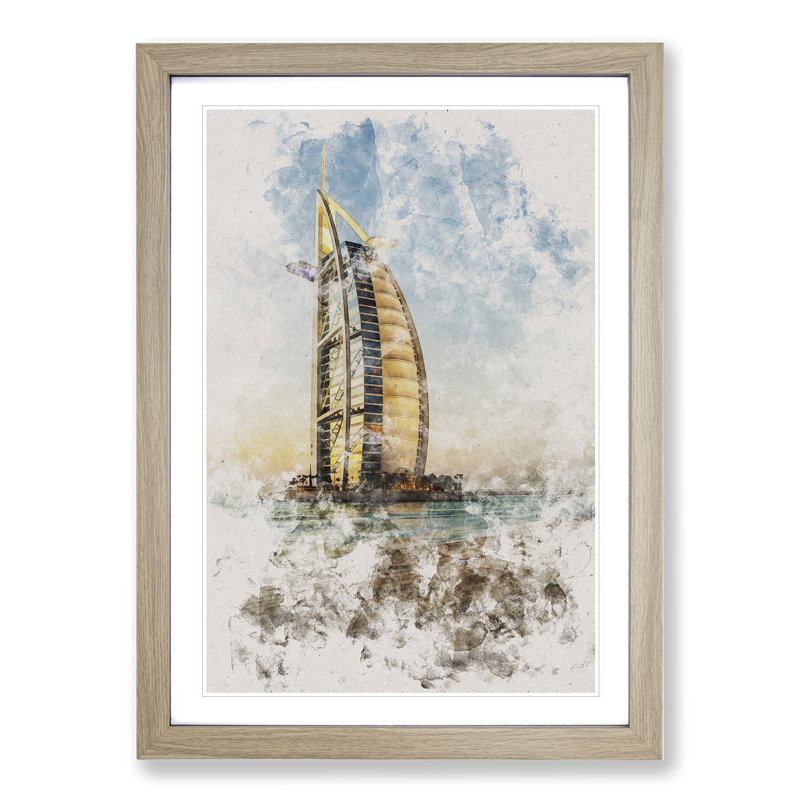 The Burj Al Arab in Dubai Vol.1 Watercolour - Picture Frame Graphic Art, 90cm H x 65cm W x 2cm D, Oak Framed
