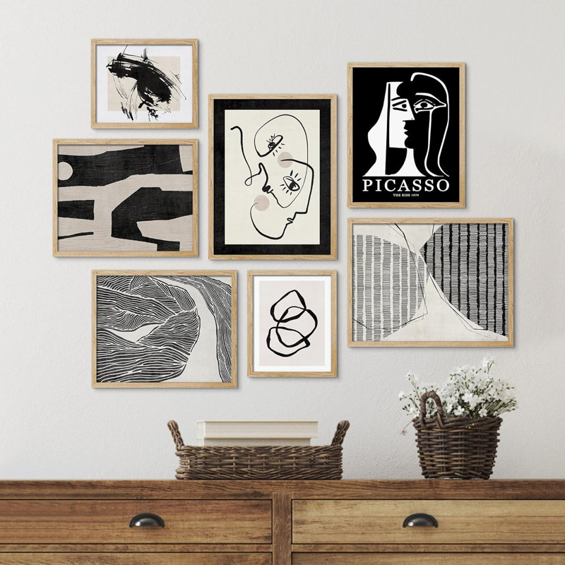 Collage noir et blanc de style Picasso, art moderne bohème chic pour le salon, la chambre à coucher, le bureau, impression sur papier, 7 pièces