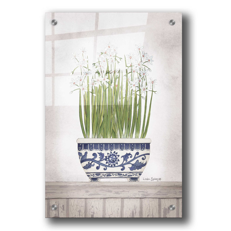 «Blue and White Paper Whites II» par Linda Spivey, art mural en verre acrylique, H 36 po x l 24 po x P 0,2 po