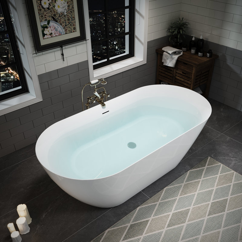 63" Acrylic Freestanding Bathtub, With Pre - Installed Overflow And Double Insulation, Ideal For Home Bathing Deep Soaking With Body Cradling Curves, Heat Conservation