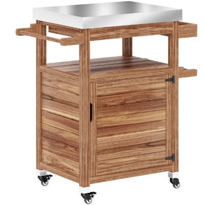 Îlot de cuisine 33,3 po en bois massif brun, plateau en acier inoxydable, chariot à roulettes avec tiroir et poignée latérale pour barbecue de patio