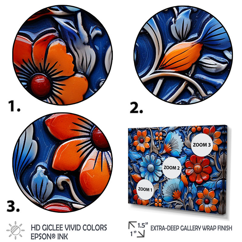 Floral bohème bleu et orange mosaïque 5 - Boho mosaïque murale, Cadre de coin blanc fermé, H 34 po x l 44 po x P 1,5 po