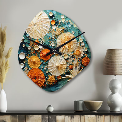 Abdullbasit Beach Tidepool Symphony Pointillism II - horloge murale de plage asymétrique en métal, impression d'horloge murale de forme irrégulière orange