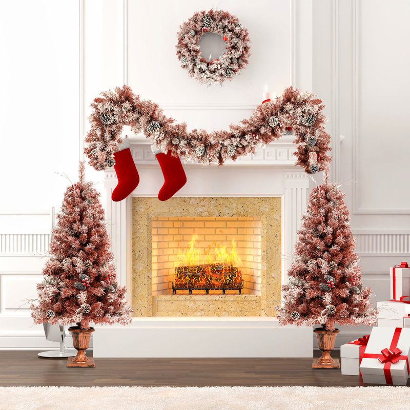 4 arbres de Noël bruns, floqués avec des lumières chaudes, pin, baies, pour porte et foyer ornent, un décor