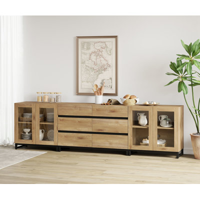 3 In 1 Multifunctional Sideboard Buffet Cabinets With Glass Doors And 6 Drawers, Modern Sideboard Credenza With Adjustable Shelf And Metal Base, Coffee Bar Cabinet Storage Cabinet