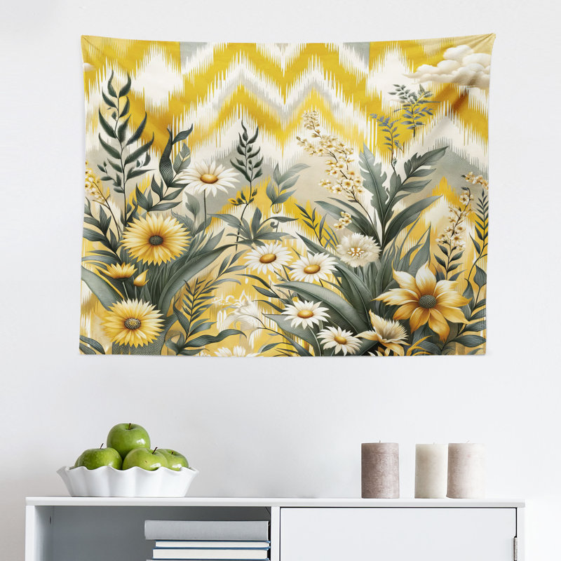 Bay Isle Home™ Floral Eucalyptus Wall Hanging Tapestry Botanical Chevron Mustard and Laurel Green, H 30 po x l 45 po