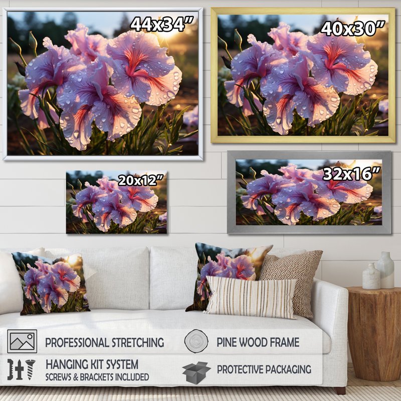 «Pink Irises Field II», reproduction d'art sur toile florale, H 24 po x l 32 po x P 1 po, Cadre flottant blanc