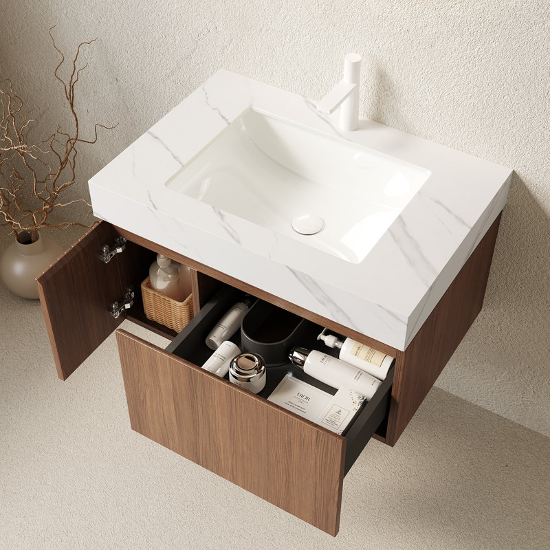 Meuble-lavabo flottant avec espace de rangement multifonctionnel et trou de robinet simple, 30", Chêne brun