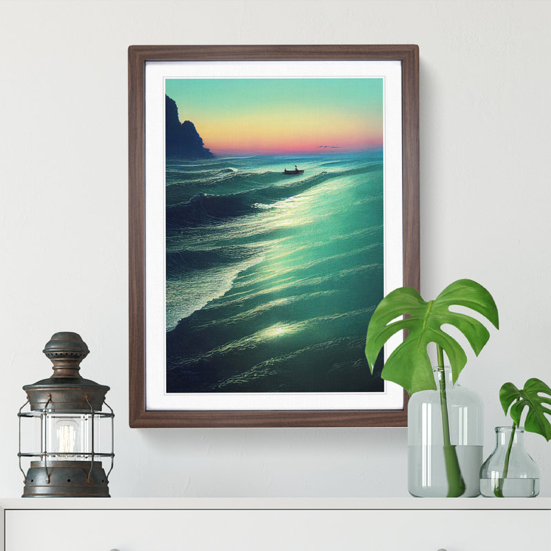 Boat By The Coast - Wall Art, 66cm H x 48cm W x 2cm D, Walnut Framed, White