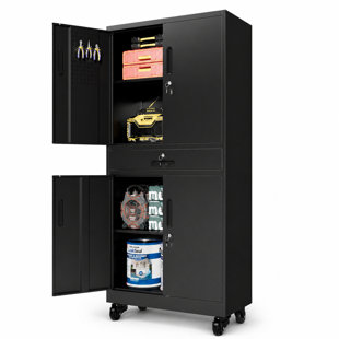 Black Steel Garage Storage Cabinets with 4 Adjustable Shelves and Wheels（71.0 * 34 * 17.7）, Lockable Tool Cabinet with Pegboard & 8 Hooks