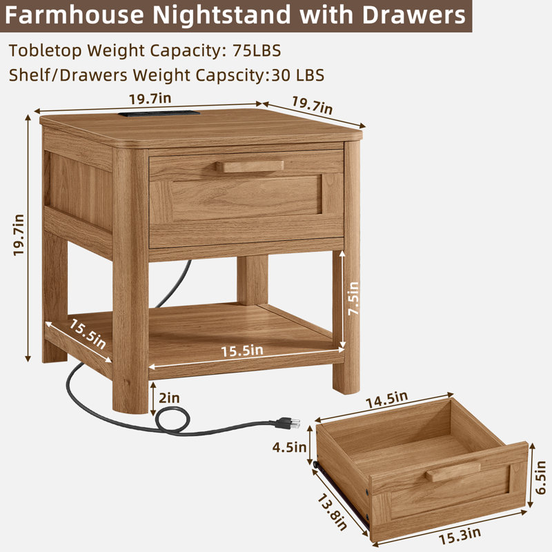 Farmhouse End Table With Charging Station,19.7" Nightstand With Drawer,Night Stand With Open Storage Shelf,Rustic Wood Bed Sofa Side Table Dresser For Bedroom, Living Room, Closet