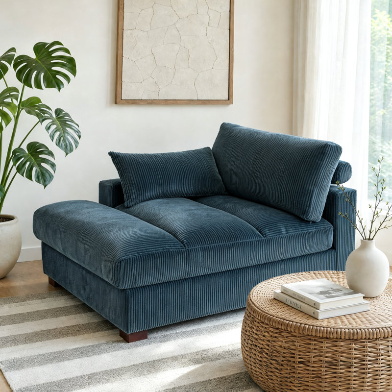 Bentura Oversized Upholstered Navy Corduroy Chaise Lounge with Armrests & Throw Pillows, Left Hand Facing, Navy Corduroy