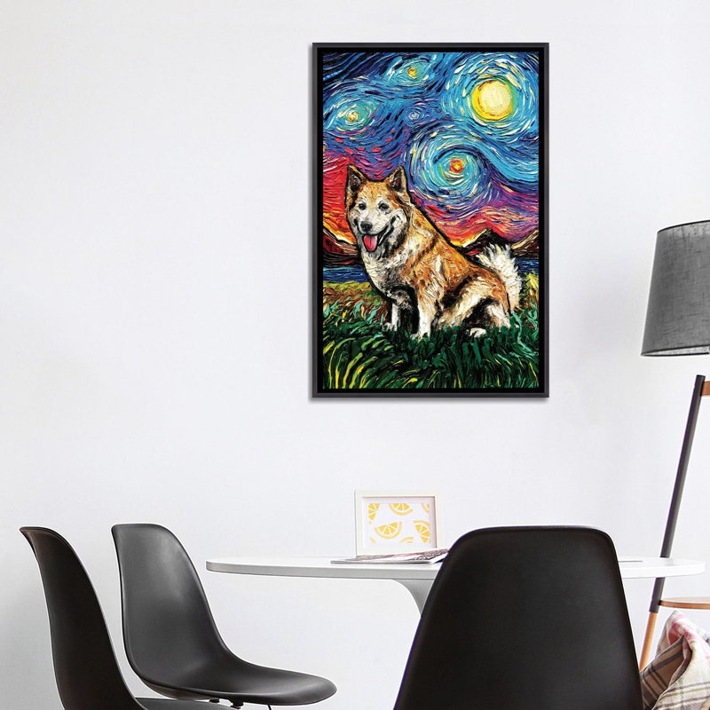 "Grey labradoodle Night" par aja Trèves, reproduction d’art, H 26 po x l 18 po x 1,5 po, Toile encadrée d'or, Pas de tapis
