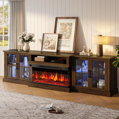 Meuble télé 98 po avec foyer électrique pour téléviseur de 100 po ou moins, très grand centre de divertissement avec foyer électrique à 3 côtés, lumières DEL, armoires en verre et tablettes de rangement réglables