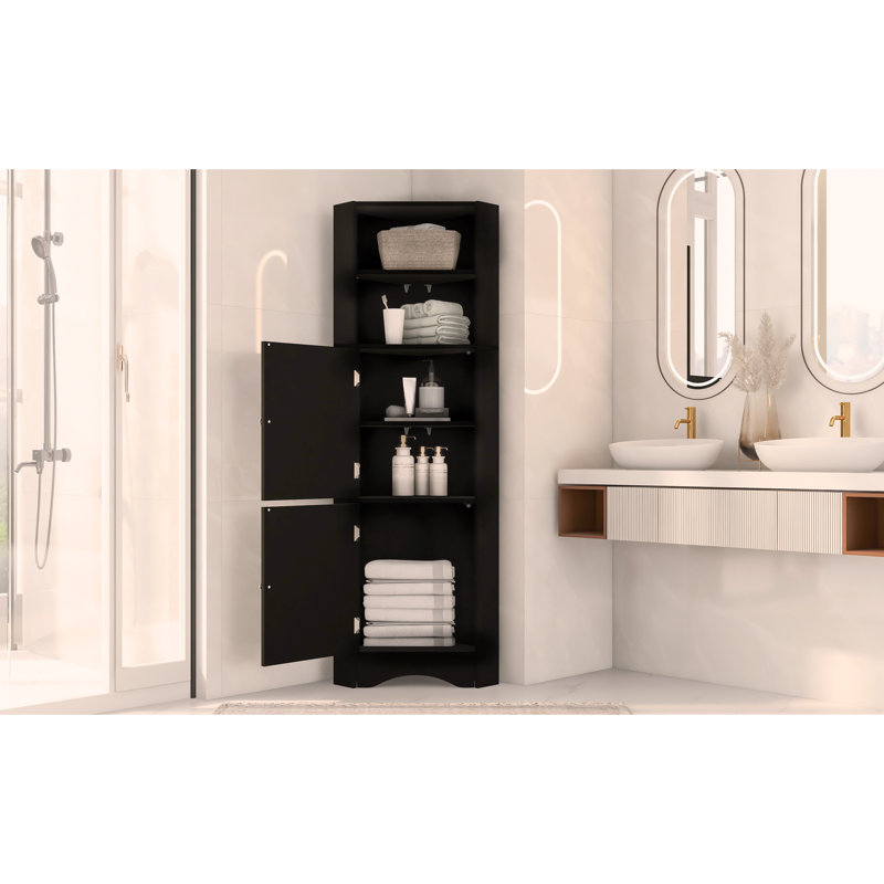 Freestanding Corner Storage Cabinet For Bathroom Living Room, Matte Black