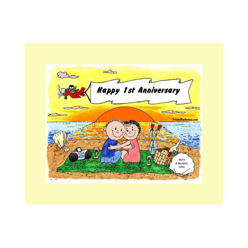Personalized Lovers on the Beach Cartoon Caricature with a Mat, Ready to Frame, Yes