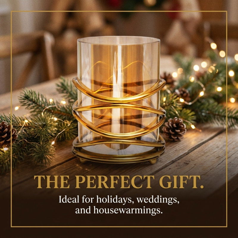 Glass Tealight Candle Lantern with Gold Swirl Metal Frame for Elegant Christmas Decor and Tabletop Display, Small