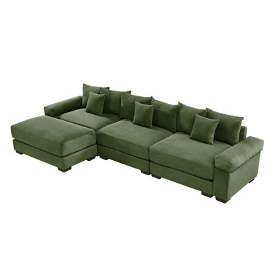 130" Wide L-Shaped Corduroy Sectional with Ottoman, 113" Seating Width, Green