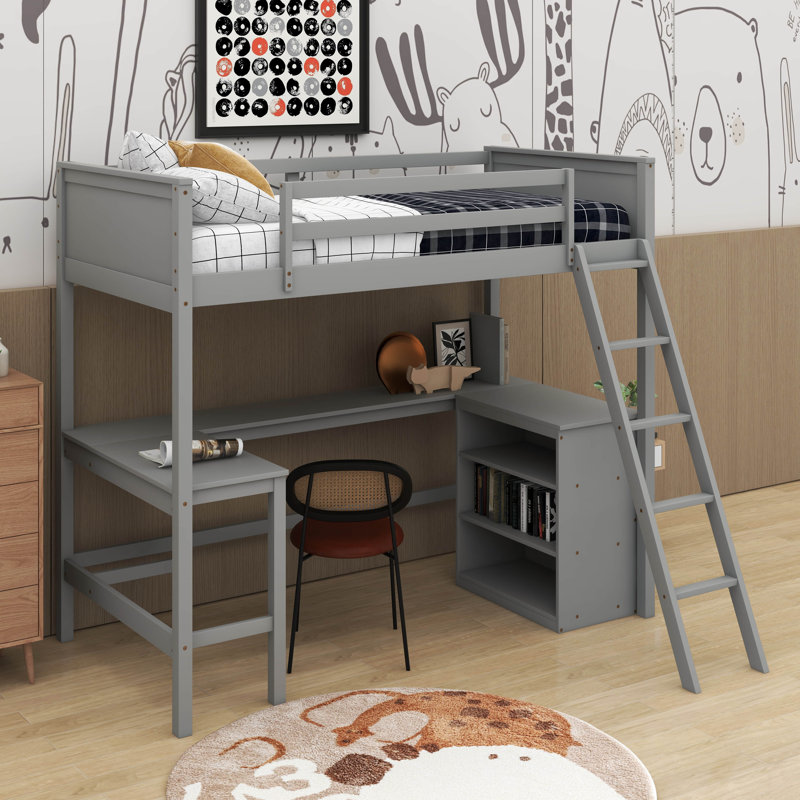 Lit mezzanine simple avec tablettes et bureau