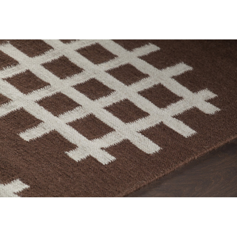 Chevella Authentic Flatwoven Handmade Brown & White Reversible Modern Geometric Grid Wool & Cotton Area Rug, 7' x 10'