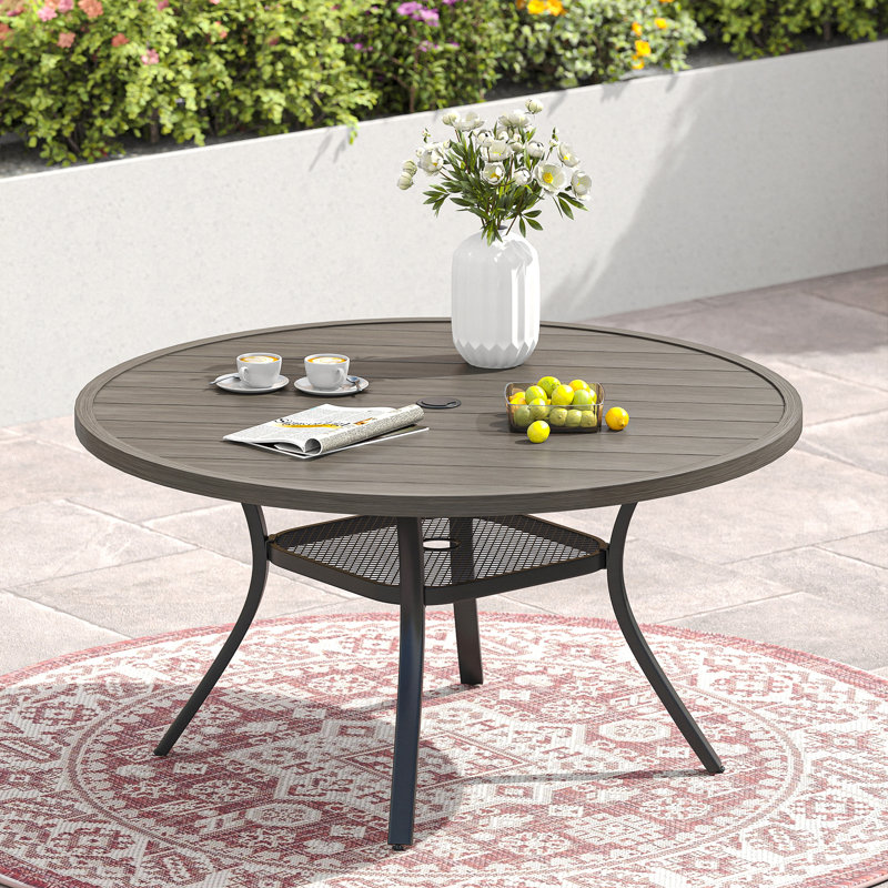 Teressa Round Metal Outdoor Dining Table With Umbrella Hole , 53'' in. W 53'' in. D, Brush Wood Gray/Black