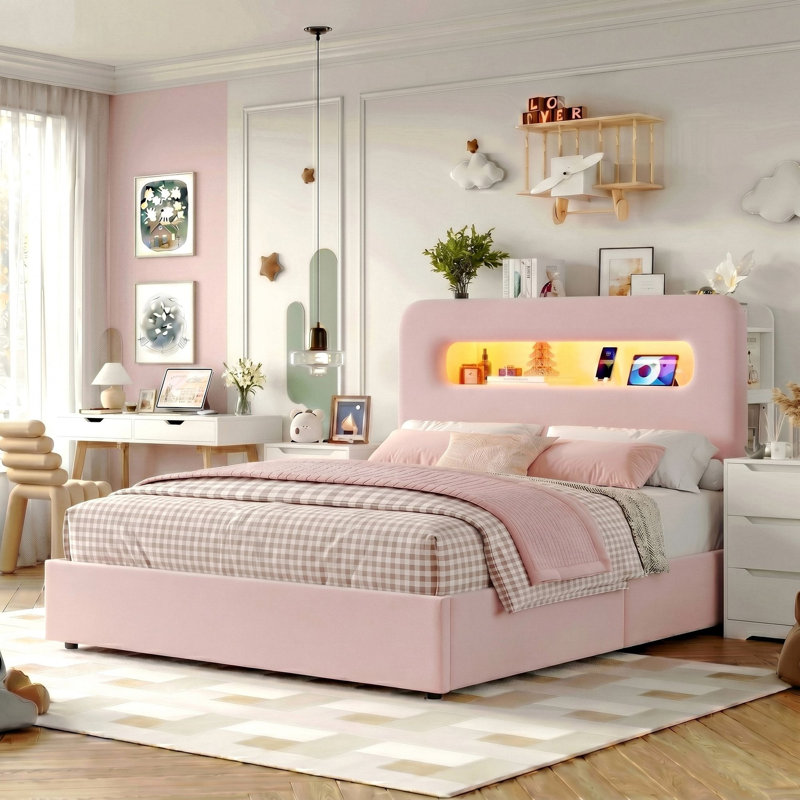 3-Piece Bedroom Sets, 2-Drawer Upholstered Storage Bed With Charging Ports And Side Shelf, 2 Piece Of 3-Drawer Nightstand Set