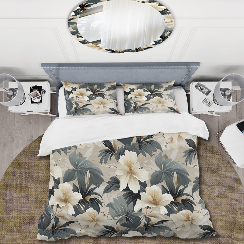 Literie monochrome à motif tropical Serenity II, Housse de couette pour très grand lit et 2 très