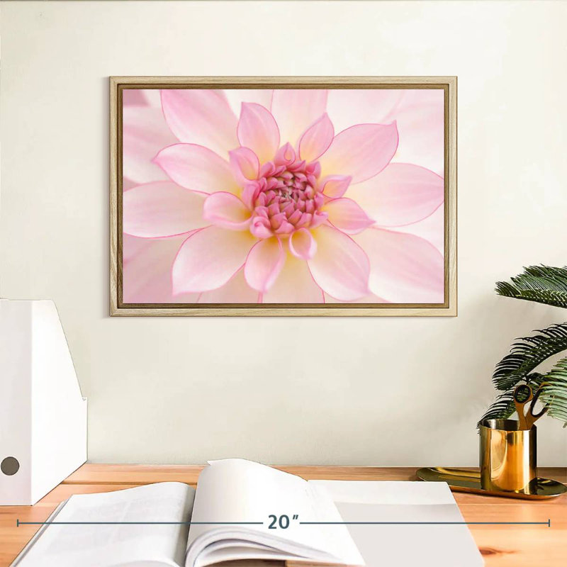 Pétales de dahlia rose clair, Cadre flottant en bois naturel, 13 po x 9 po