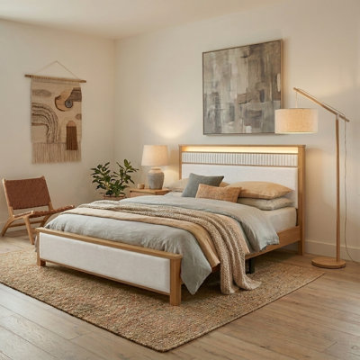 Solid Wood Queen Bed Frame with Upholstered Headboard, LED Lights & Charging Station – Queen